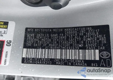 2017 Toyota Corolla Le from USA, damaged, VIN 2T1BURHE7HC840439